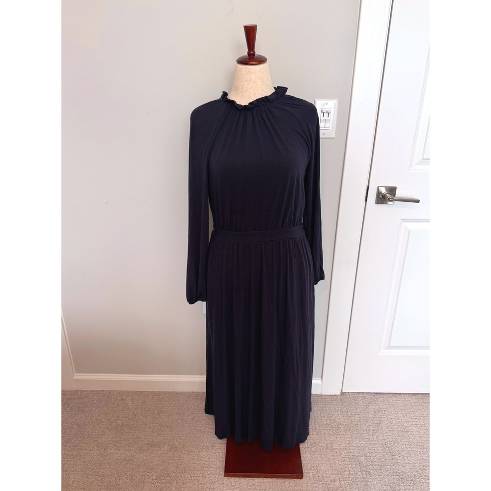 BODEN | Maxi Dress Women 12R Navy Blue Ruffle Neck Long Sleeve Jersey Casual - Picture 2 of 8